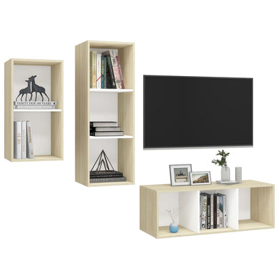 3 Piece TV Cabinet Set White and Sonoma Oak Engineered Wood Payday Deals