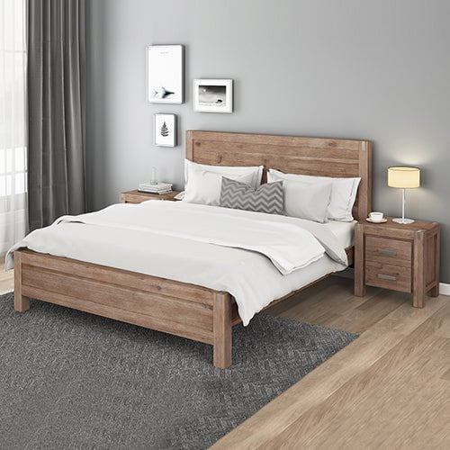 3 Pieces Bedroom Suite in Solid Wood Veneered Acacia Construction Timber Slat Double Size Oak Colour Bed, Bedside Table Payday Deals