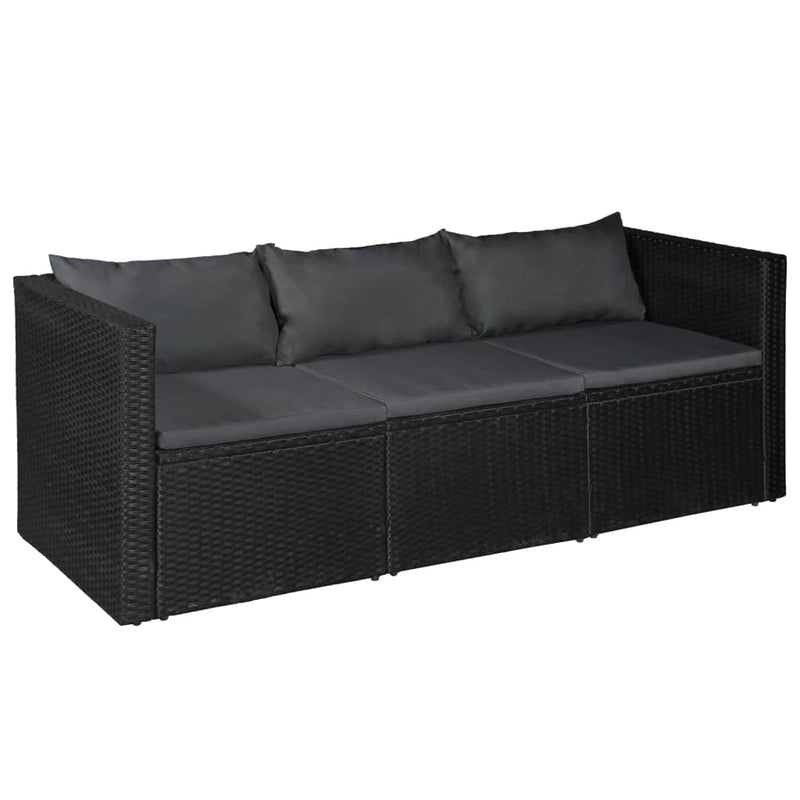 3 Seater Garden Sofa Black Poly Rattan with Grey Cushions Payday Deals