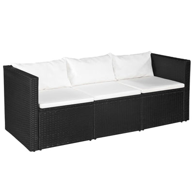 3 Seater Garden Sofa Black Poly Rattan with White Cushions