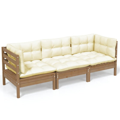 3-Seater Garden Sofa with Cream Cushions Solid Pinewood Payday Deals