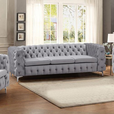 3 Seater Sofa Classic Button Tufted Lounge in Grey Velvet Fabric with Metal Legs Payday Deals