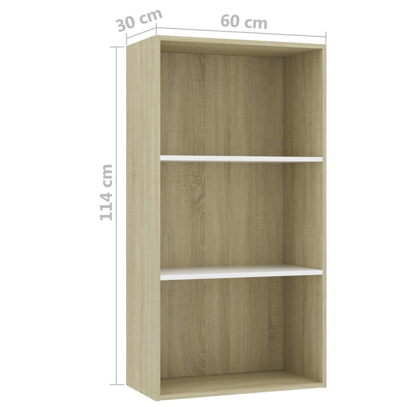 3-Tier Book Cabinet White and Sonoma Oak 60x30x114 cm Engineered Wood Payday Deals