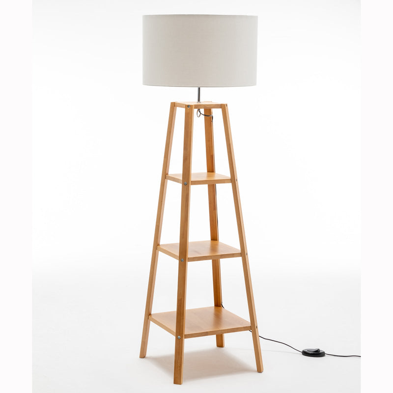 3 Tier Natural Wood Floor Lamp w/ Storage Shelves + Off White Linen Shade Payday Deals
