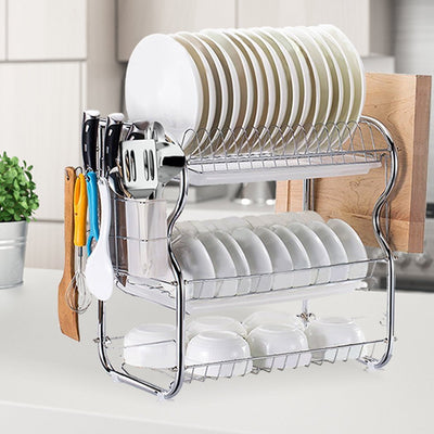 3 Tier Stainless Steel Dish Rack Drainer Tray Kitchen Storage Cup Cutlery Holder Payday Deals