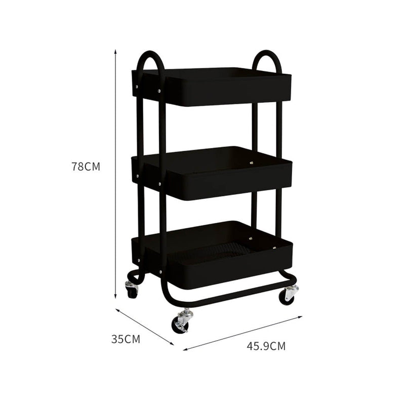 3 Tiers Kitchen Trolley Cart Steel Storage Rack Shelf Organiser Wheels Black Payday Deals