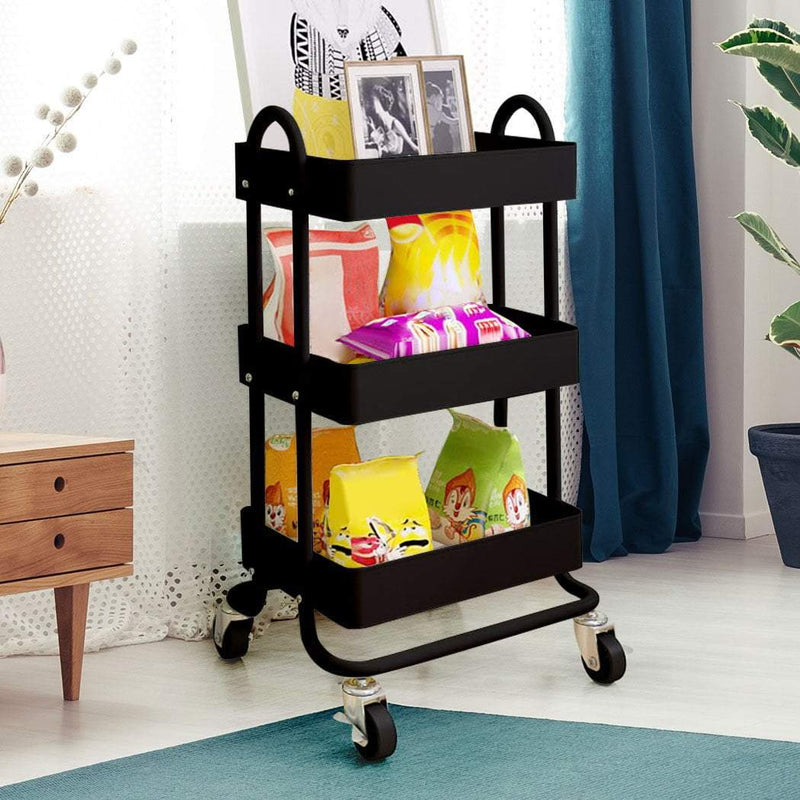 3 Tiers Kitchen Trolley Cart Steel Storage Rack Shelf Organiser Wheels Black Payday Deals