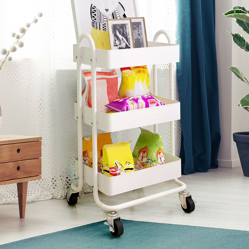 3 Tiers Kitchen Trolley Cart Steel Storage Rack Shelf Organiser Wheels White Payday Deals