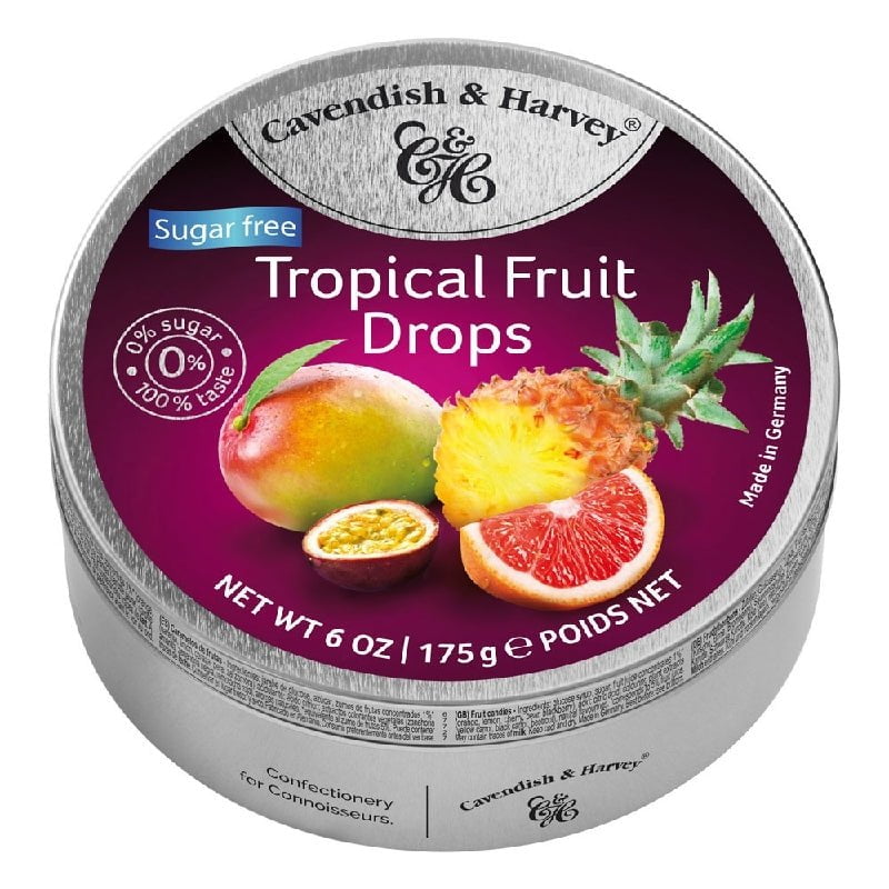 Cavendish and Harvey Tropical Fruit Drops 175g Tin Candy Lollies Sugar Free C&H