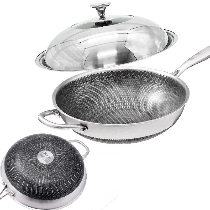 304 Stainless Steel 32cm Non-Stick Stir Fry Cooking Kitchen Wok Pan with Lid Honeycomb Double Sided Payday Deals