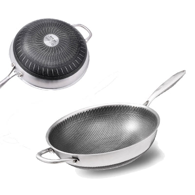 304 Stainless Steel 32cm Non-Stick Stir Fry Cooking Kitchen Wok Pan with Lid Honeycomb Double Sided Payday Deals