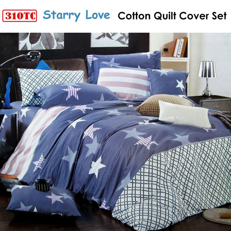 310TC Starry Love Cotton Printed Quilt Cover Set Single Payday Deals