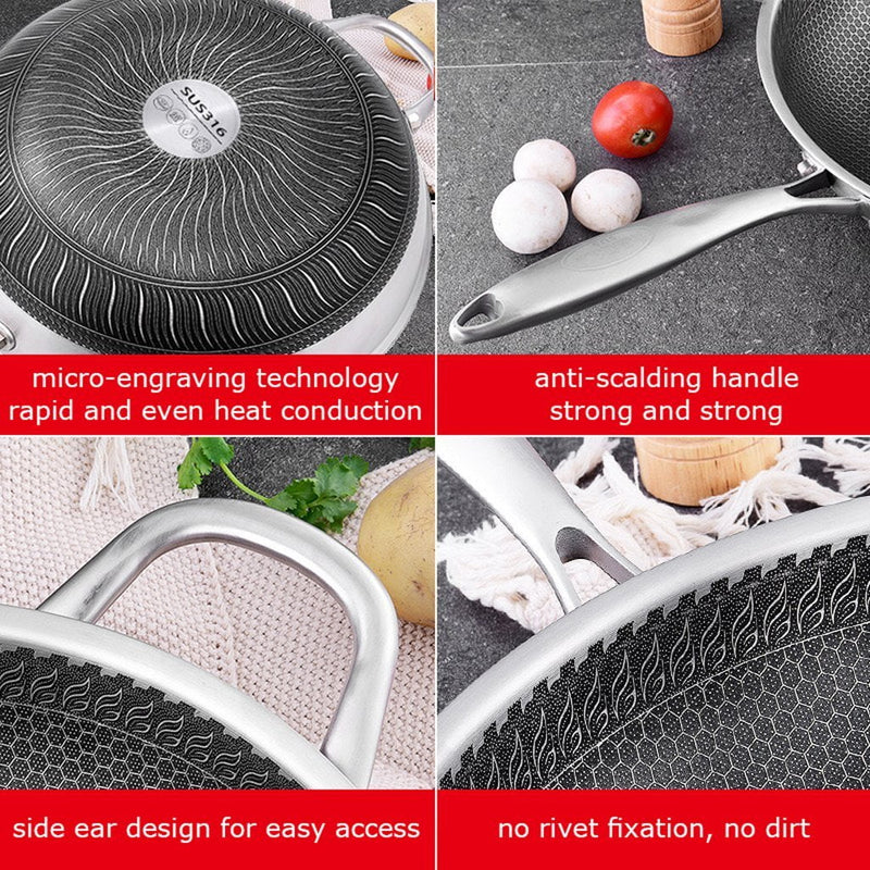 316 Stainless Steel 32cm Non-Stick Stir Fry Cooking Kitchen Wok Pan without Lid Honeycomb Double Sided Payday Deals