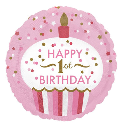 1st Birthday Cupcake Girl Round Foil Balloon