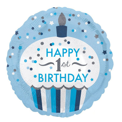 1st Birthday Cupcake Boy Round Foil Balloon