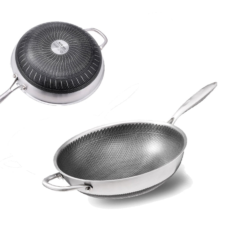 34cm 304 Stainless Steel Non-Stick Stir Fry Cooking Kitchen Wok Pan without Lid Honeycomb Double Sided Payday Deals