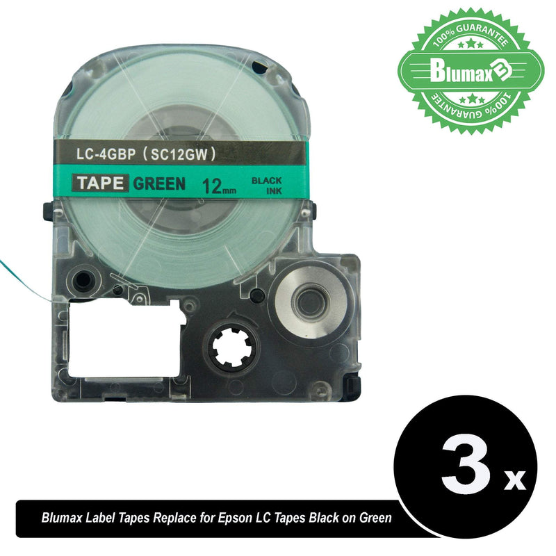 3x Blumax Alternative for Epson LC SC12GW 12mm Tapes Black Text on Green Labels