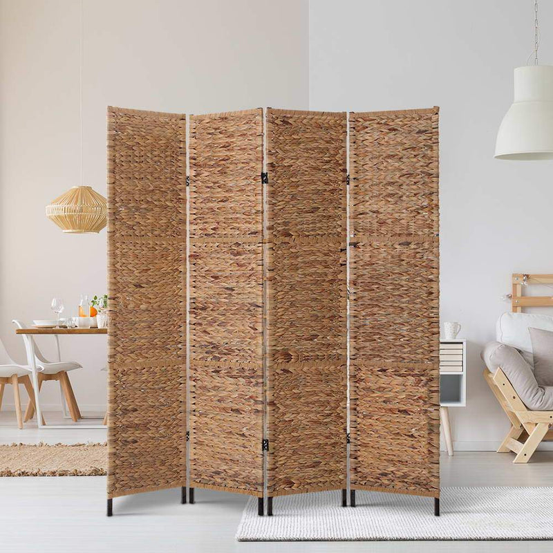4 Panel Room Divider Privacy Screen Water Hyacinth Patition Metal Stand Natural