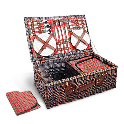 4 Person Picnic Basket Baskets Red Handle Outdoor Corporate Blanket Park