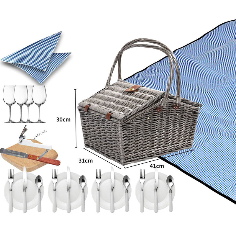 4 Person Picnic Basket Baskets Set Outdoor Blanket Wicker Deluxe Folding Handle Payday Deals