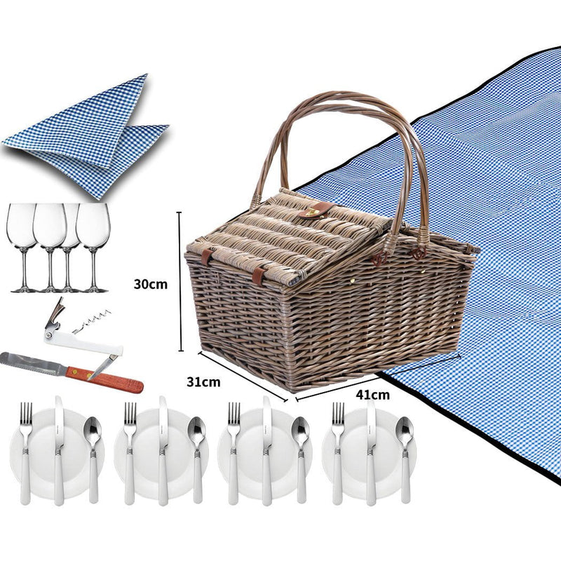 4 Person Picnic Basket Baskets Set Outdoor Blanket Wicker Deluxe Folding Handle Payday Deals