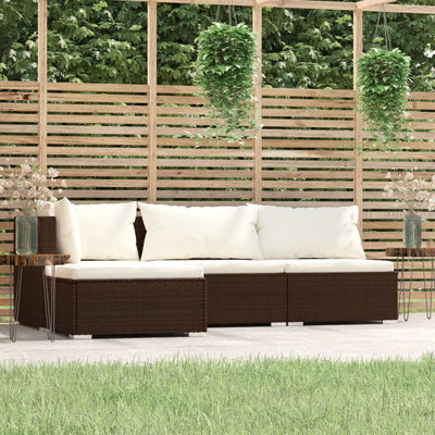 4 Piece Garden Lounge Set with Cushions Brown Poly Rattan