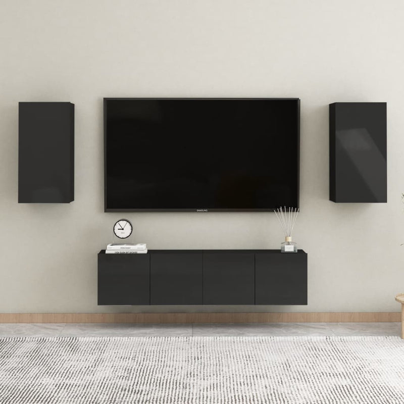 4 Piece TV Cabinet Set High Gloss Black Chipboard Payday Deals