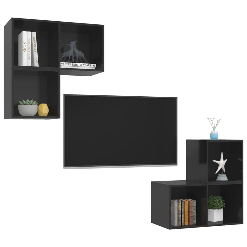 4 Piece TV Cabinet Set High Gloss Black Engineered Wood Payday Deals