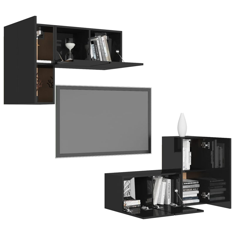 4 Piece TV Cabinet Set High Gloss Black Engineered Wood Payday Deals