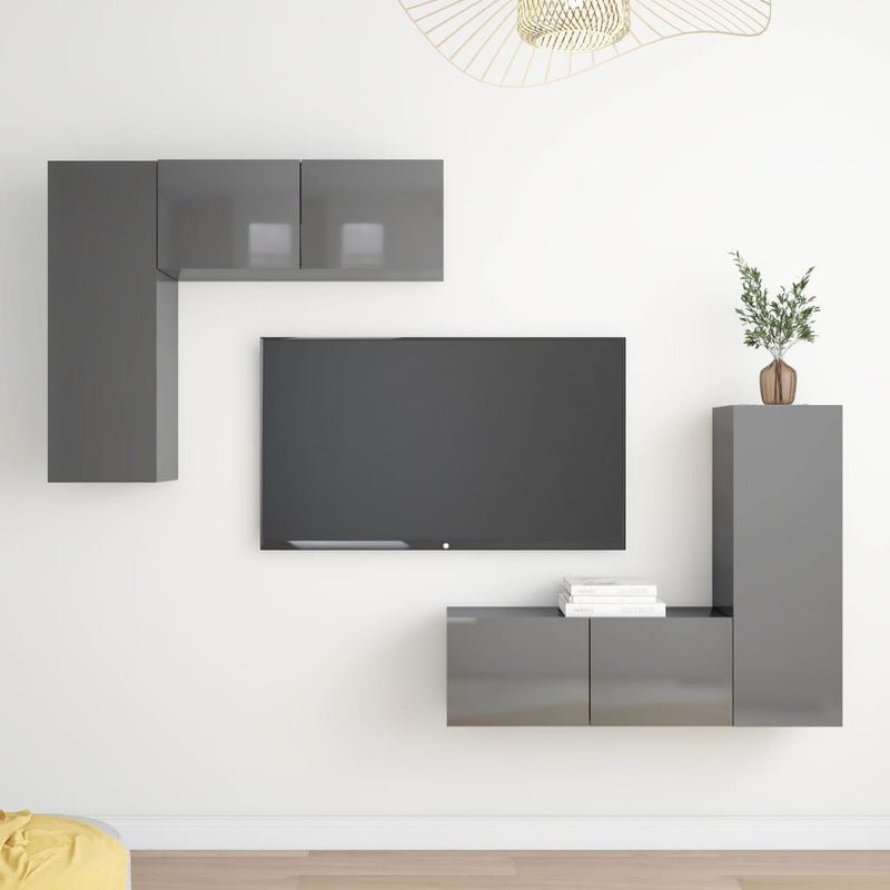 4 Piece TV Cabinet Set High Gloss Grey Chipboard Payday Deals
