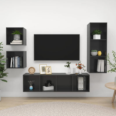 4 Piece TV Cabinet Set High Gloss Grey Engineered Wood