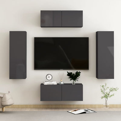 4 Piece TV Cabinet Set High Gloss Grey Engineered Wood