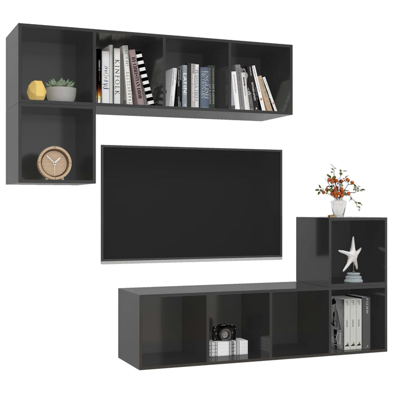 4 Piece TV Cabinet Set High Gloss Grey Engineered Wood Payday Deals