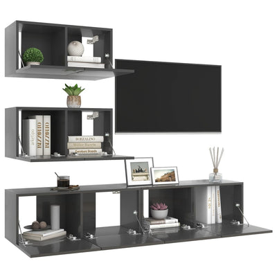 4 Piece TV Cabinet Set High Gloss Grey Engineered Wood Payday Deals