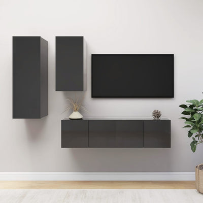 4 Piece TV Cabinet Set High Gloss Grey Engineered Wood Payday Deals