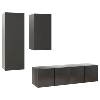4 Piece TV Cabinet Set High Gloss Grey Engineered Wood Payday Deals