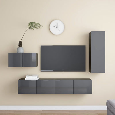 4 Piece TV Cabinet Set High Gloss Grey Engineered Wood