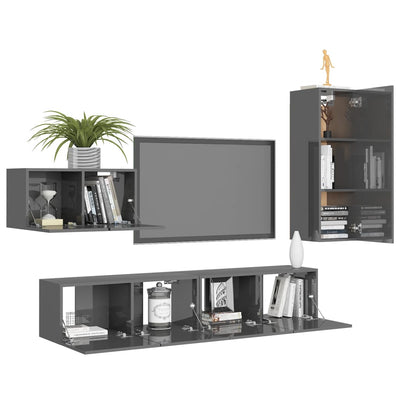 4 Piece TV Cabinet Set High Gloss Grey Engineered Wood Payday Deals