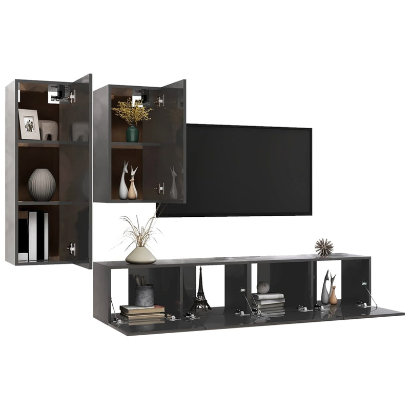 4 Piece TV Cabinet Set High Gloss Grey Engineered Wood Payday Deals