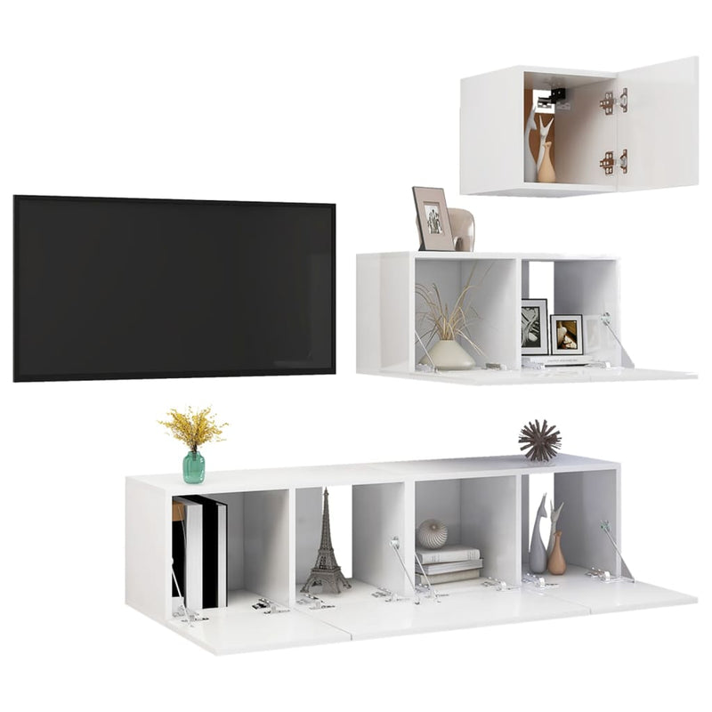 4 Piece TV Cabinet Set High Gloss White Engineered Wood Payday Deals