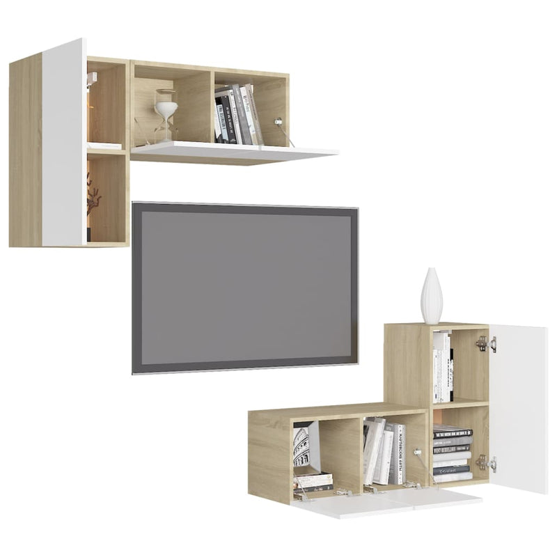 4 Piece TV Cabinet Set White and Sonoma Oak Chipboard Payday Deals