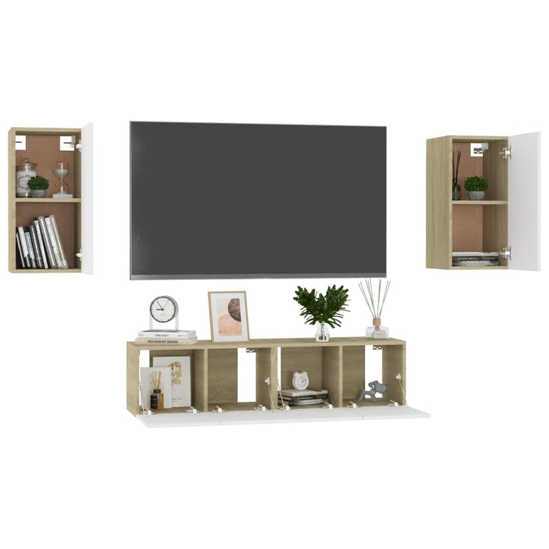 4 Piece TV Cabinet Set White and Sonoma Oak Engineered Wood Payday Deals