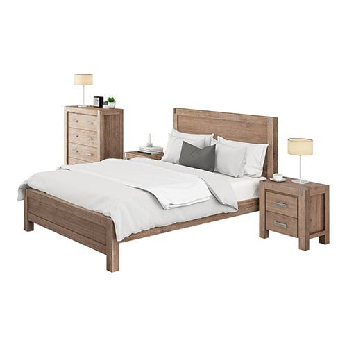 4 Pieces Bedroom Suite in Solid Wood Veneered Acacia Construction Timber Slat Queen Size Oak Colour Bed, Bedside Table & Tallboy Payday Deals