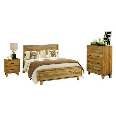 4 Pieces Bedroom Suite King Size in Solid Wood Antique Design Light Brown Bed, Bedside Table & Tallboy Payday Deals