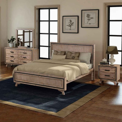 4 Pieces Bedroom Suite King Size Silver Brush in Acacia Wood Construction Bed, Bedside Table & Dresser Payday Deals