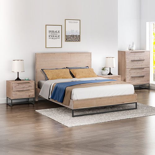 4 Pieces Bedroom Suite made in Solid Wood Acacia Veneered King Size Oak Colour 1X Bed, 2X Bedside Table & 1X Tallboy Payday Deals
