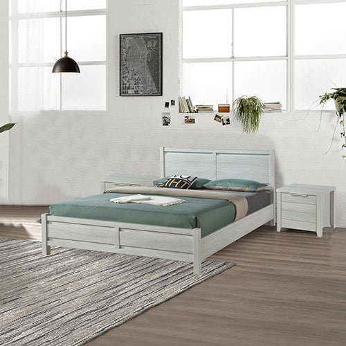 4 Pieces Bedroom Suite Natural Wood Like MDF Structure Queen Size White Ash Colour Bed, Bedside Table & Tallboy Payday Deals