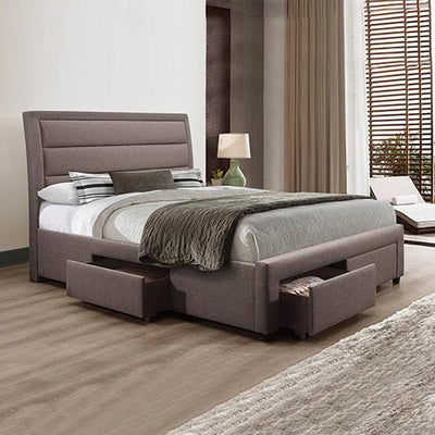 4 Pieces Storage Bedroom Suite Upholstery Fabric in Light Grey with Base Drawers Queen Size Oak Colour Bed, Bedside Table & Tallboy Payday Deals