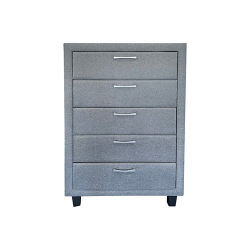 4 Pieces Storage Bedroom Suite Upholstery Fabric in Light Grey with Base Drawers Queen Size Oak Colour Bed, Bedside Table & Tallboy Payday Deals