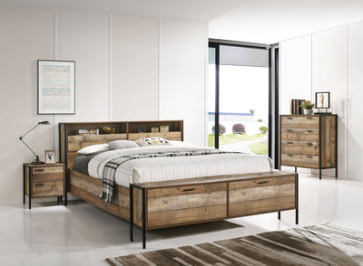 4 Pieces Storage Bedroom Suite with Particle Board Contraction and Metal Legs Queen Size Oak Colour Bed, Bedside Table & Tallboy